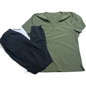 SCRUBS SET, Top & Joggers, Army Green & Black, Large